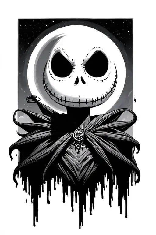 Jack Skellington Face And Upper Body With Moon And Jacks Silhouette In Background