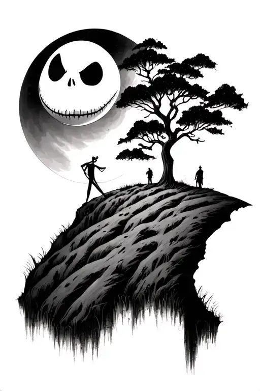 Jack Skellington Face And Upper Body With Moon And Jacks Body'ssilhouette On Hill In Background