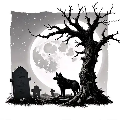 Graveyard With Dead Tree And Moon And Starts And A Wolf