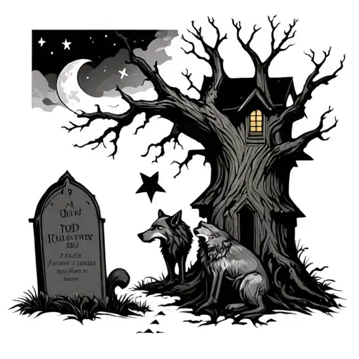 Graveyard With Dead Tree And Moon And Starts And A Wolf