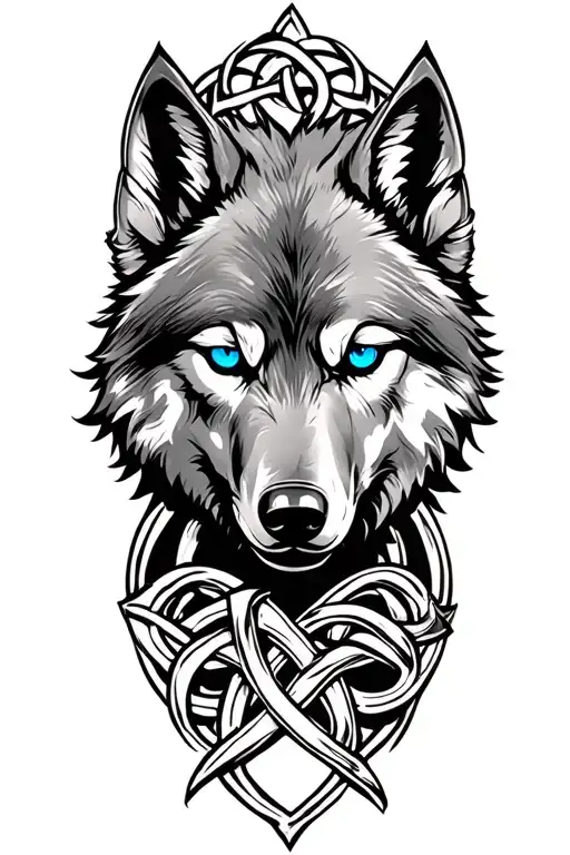 Wolf With Blue Eyes On Armor Tattoo Design Featuring Celtic Trinity Knot