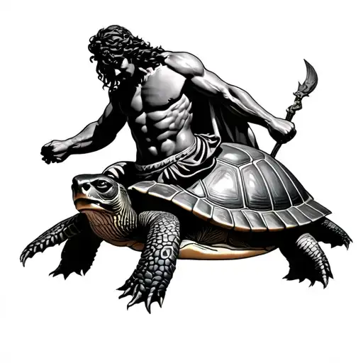 Poseidon God Stepping On A Turtle