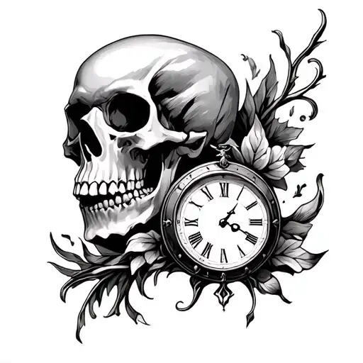 Skull And Clock Hand Tattoo Design