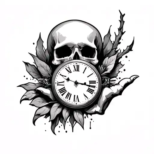 Skull And Clock Hand Tattoo Design Combining Elements