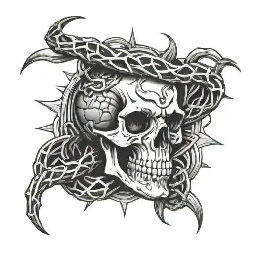 Snake Through Skull In Front Of Cross With Crown Of Thorns On