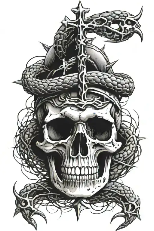 Snake Through Skull In Front Of Cross With Crown Of Thorns On