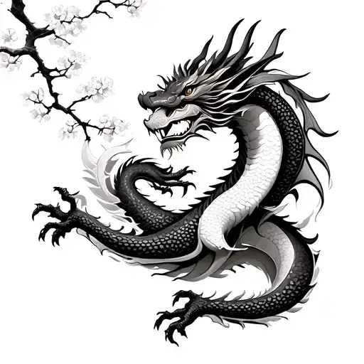 Chinese Dragon Flying Around A Blossom Tree