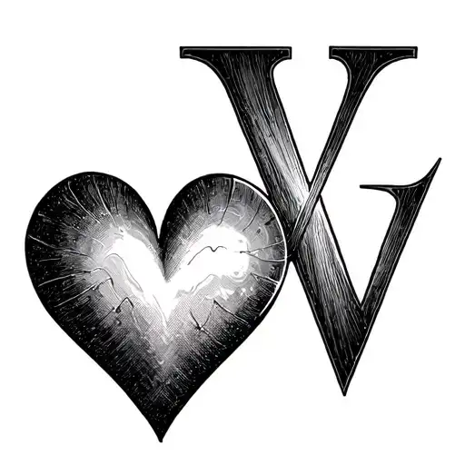 Fine Line Heart With Heart Beat Inside With The Letter V