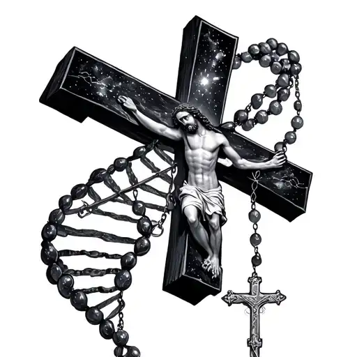Rosary With Jesus On Cross Morphs Into Dna Double Helix Then Into A Galaxy