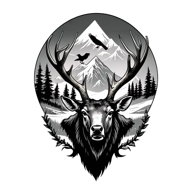 Elk Head With Trees And Mountains And Crows