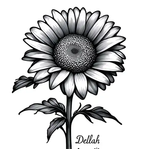 Fine Line Design Of Daisy Flower With The Name Delilah In Cursive Writing Down The Stem