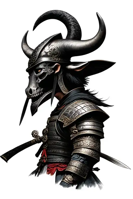 Samurai With Bull Scull Helmet Surrounded