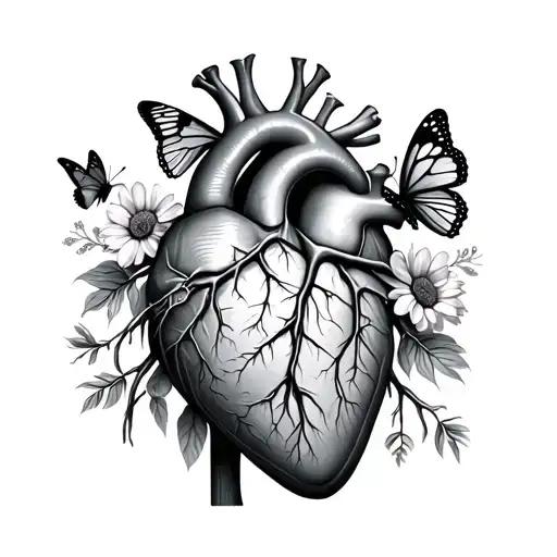 A Realistic Anatomical Heart With Vessels And Chambers Maybe With Flowers Or Butterflies Or