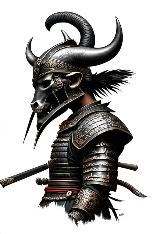 Samurai With Bull Scull Helmet