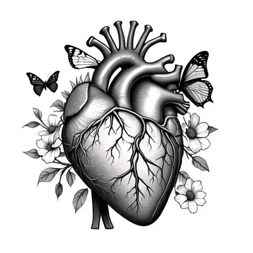 A Realistic Anatomical Heart With Vessels And Chambers Maybe With Flowers Or Butterflies Or