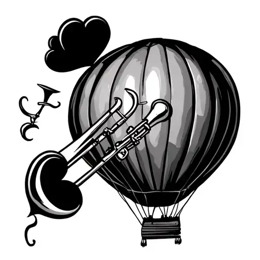 A Hot Air Balloon With A Trombone Pierced With A Heart And A Needle With Wire