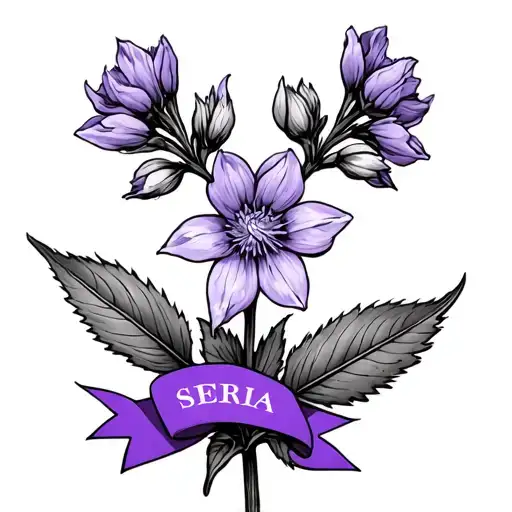 Larkspur Flower With Sierra In Stem Roman Numerals For 81 At Bottom And Small Purple Ribbon
