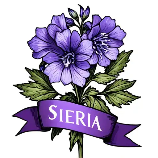 Larkspur Flower With Sierra In Ste Roman Numerals For 81 At Bottom And Small Purple Ribbon