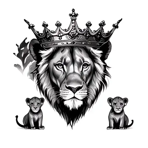 Lioness With Crown And 2 Cubs