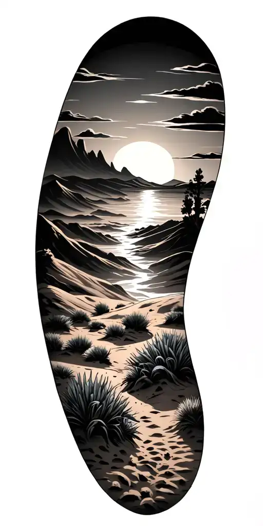 Desert Landscape Tattoo Featuring Sunset Background