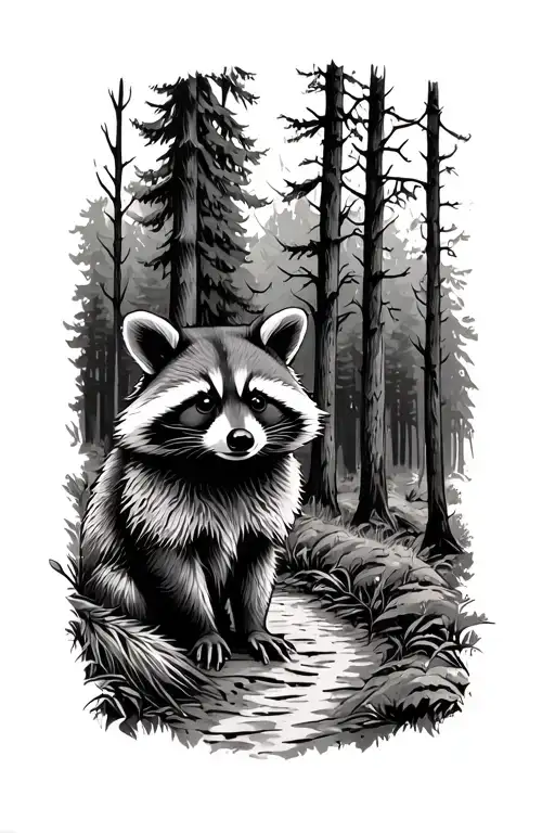 Raccoon Camping In The Forest With A Winding Trail Going From The Foreground To The Background