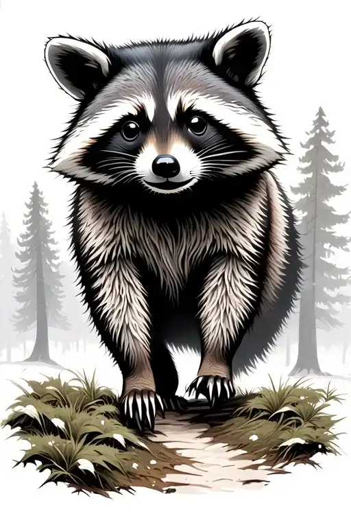 Raccoon Walking In The Forest With A Winding Trail Going From The Foreground To The Background