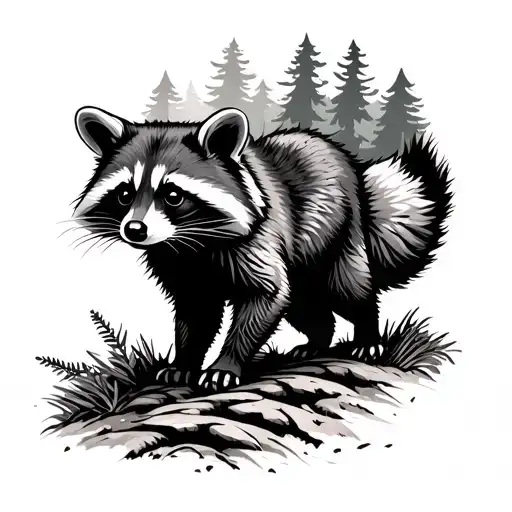 Raccoon Walking In The Forest With A Winding Trail Going From The Foreground To The Background