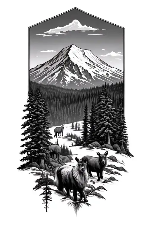 Mount Rainier With A Forest And Animals Hidden