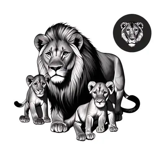 Lion Lioness And 2 Cubs