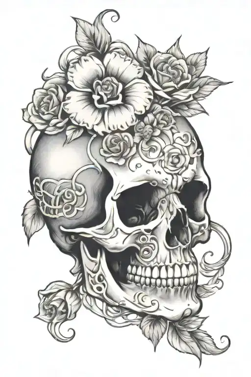 Skull Half Flowers Intertwined