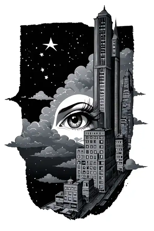 Large City With A Pair Of Eyes On The Side And Clouds And Stars