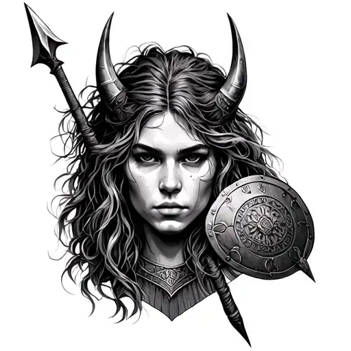 Freja Viking Face As Tattoo With Spear And Shield