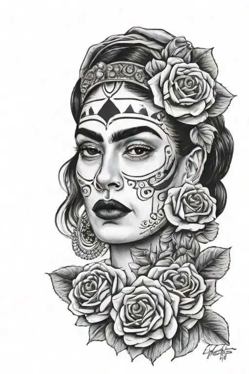 Frida Kahlo Day Of The Dead Woman With Photo Realistic Roses
