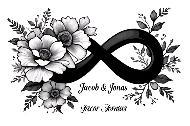 Light Flowery Feminine Tatoo With The Names Jacob & Jonas And An Infinity Sign