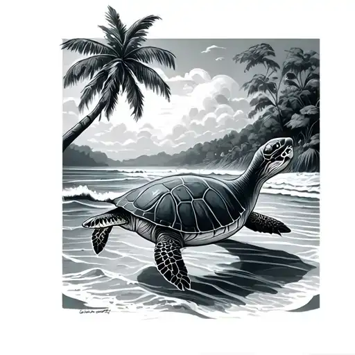 Turtle And Whale By Beach With Palm Tree