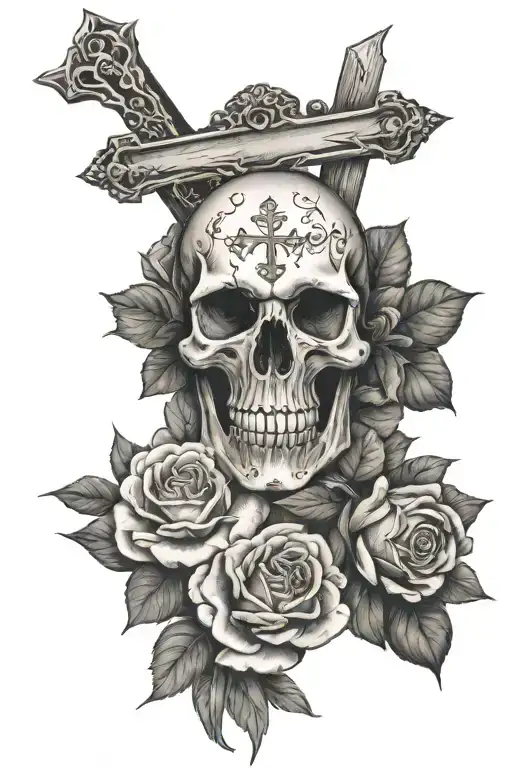 Skull With Jesus On The Cross Surrounded By Two Roses And A Chrysanthemum