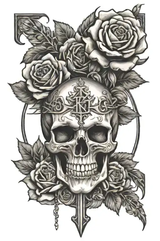 Skull With Jesus On The Cross Surrounded By Two Roses And A Chrysanthemum