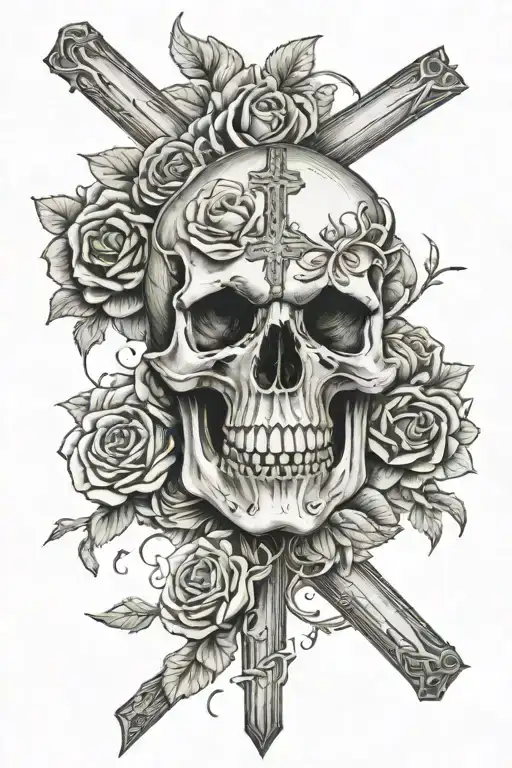 Skull In Front Of Jesus On The Cross Surrounded By Two Roses And A Chrysanthemum