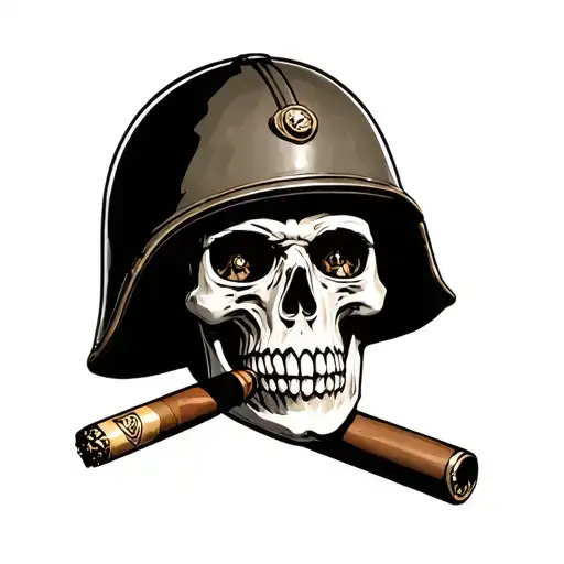 Skull Smoking A Cigar Wearing A Old Fashion Ww1 Helmet With Bullets For Eyes