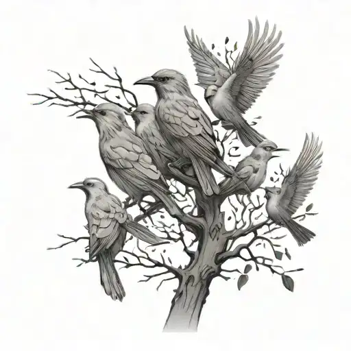 Six Birds On A Tree And One Bird Is Flying Away