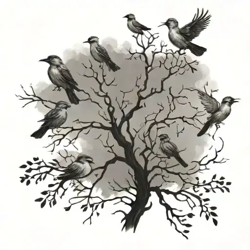 Six Birds On A Tree One Bird Is Flying Away