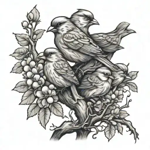 Mom Bird With 4 Baby Birds On A Tree Branch