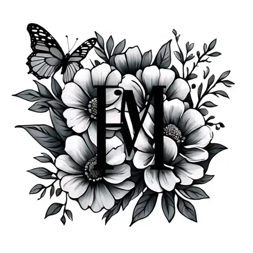 Initials E M With Flowers And Butterfly
