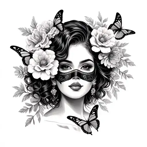 Chicano Style Girl Taking Off Mask With Flowers And Butterflies