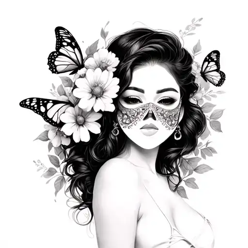 Chicano Style Girl Taking Off Mask With Flowers And Butterflies