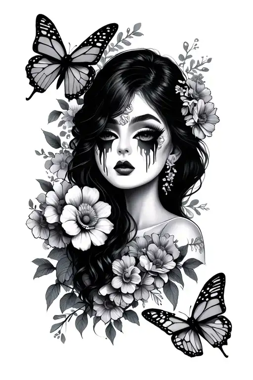 Chicano Style Girl Taking Off Mask With Tears In Eyes Behind With Flowers And Butterflies Sexy