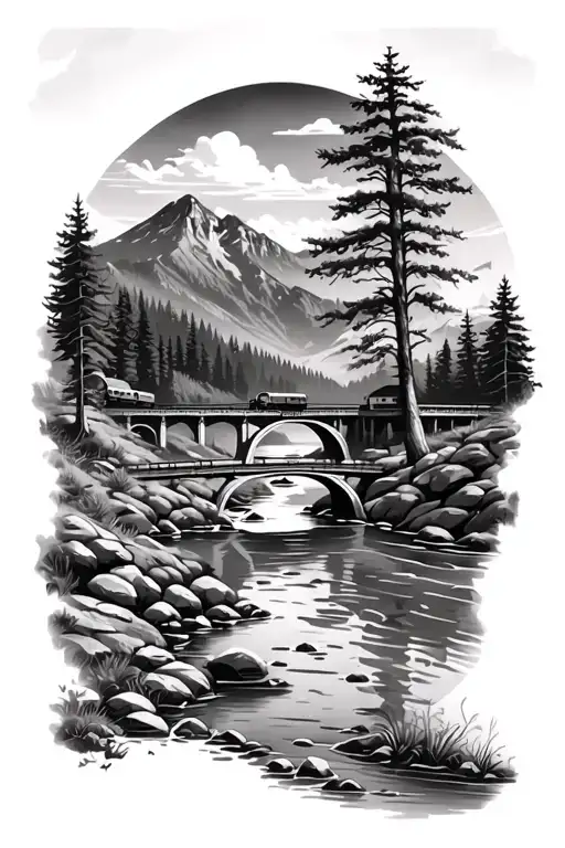 Downstream Creek With Trees And Mountains With Railway Bridge And Train