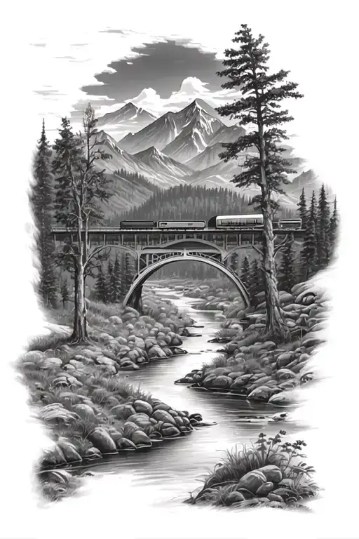 Downstream Creek With Trees And Mountains With Railway Bridge And Train