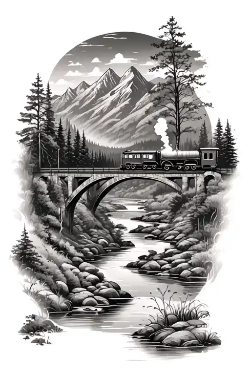 Downstream Creek With Trees And Mountains With Railway Bridge And Steam Train