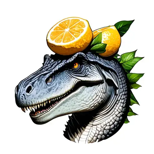 Tattoo Of Dinosaur With Lemon On Head